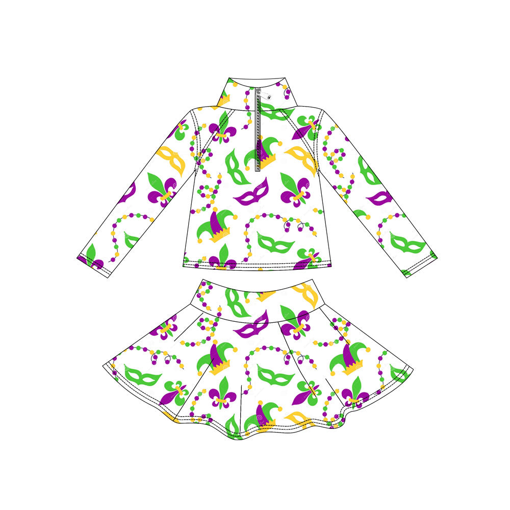Mardi Gras yoga pullover matching skirts girls outfit preorder