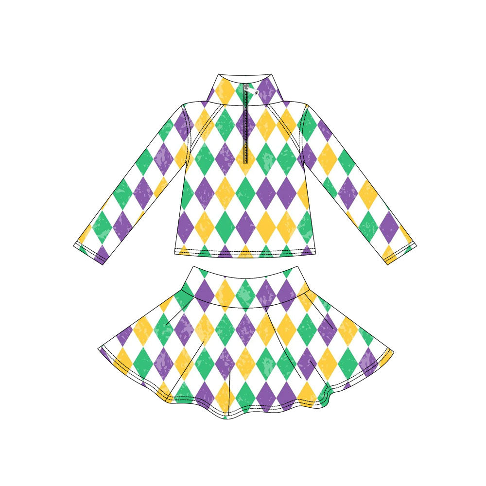 Mardi Gras yoga pullover matching skirts girls outfit preorder