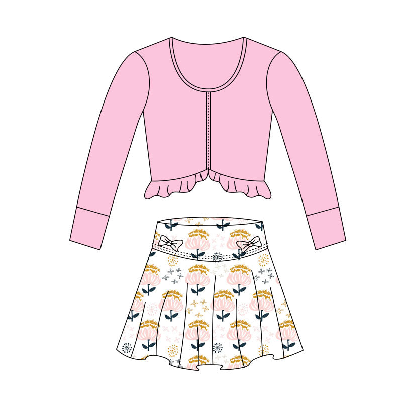 Pink long sleeve yoga top matching floral skirts girls outfit preorder