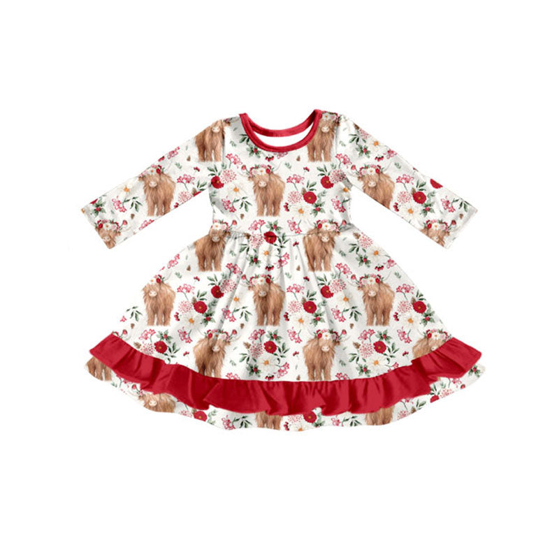 Highland cow girls long sleeve ruffle dress preorder