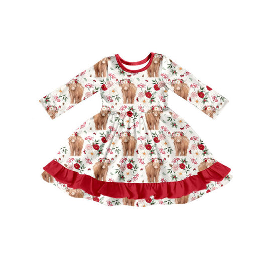 Highland cow girls long sleeve ruffle dress preorder