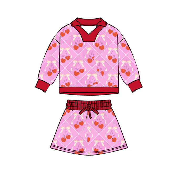 Valentines heart bow top matching skirts girls long sleeve outfit preorder