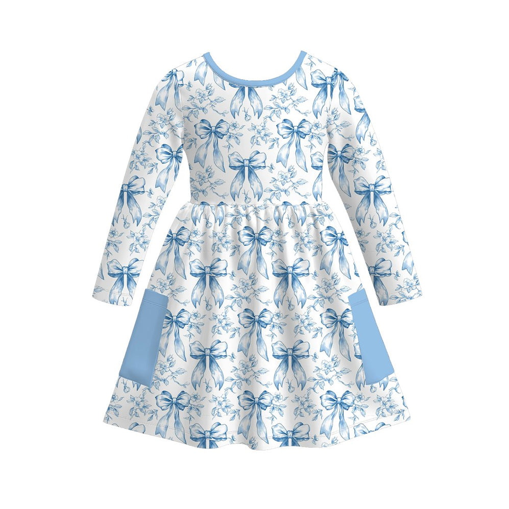 Blue bow girls long sleeve pocket dress preorder
