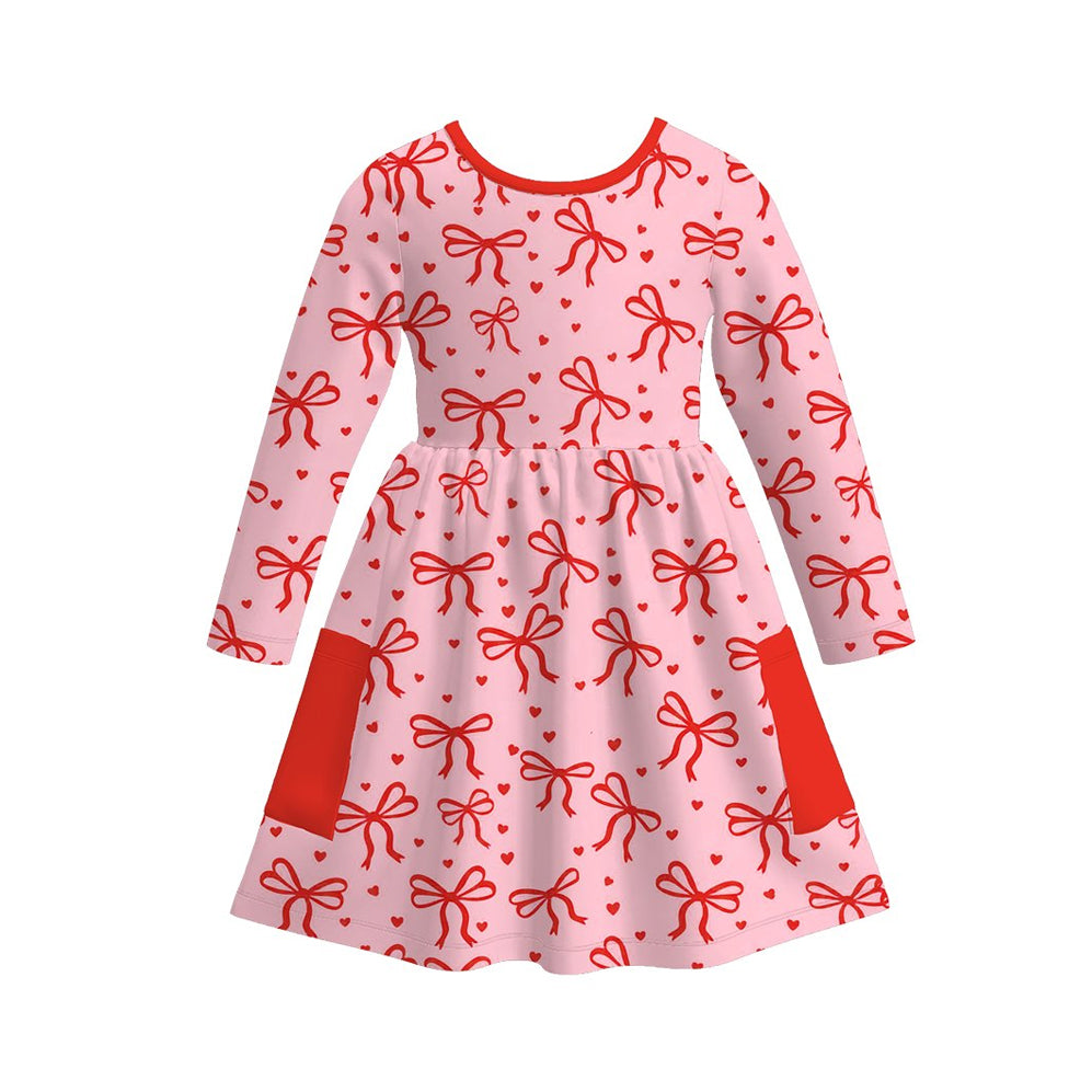 Red bow girls long sleeve pocket dress preorder