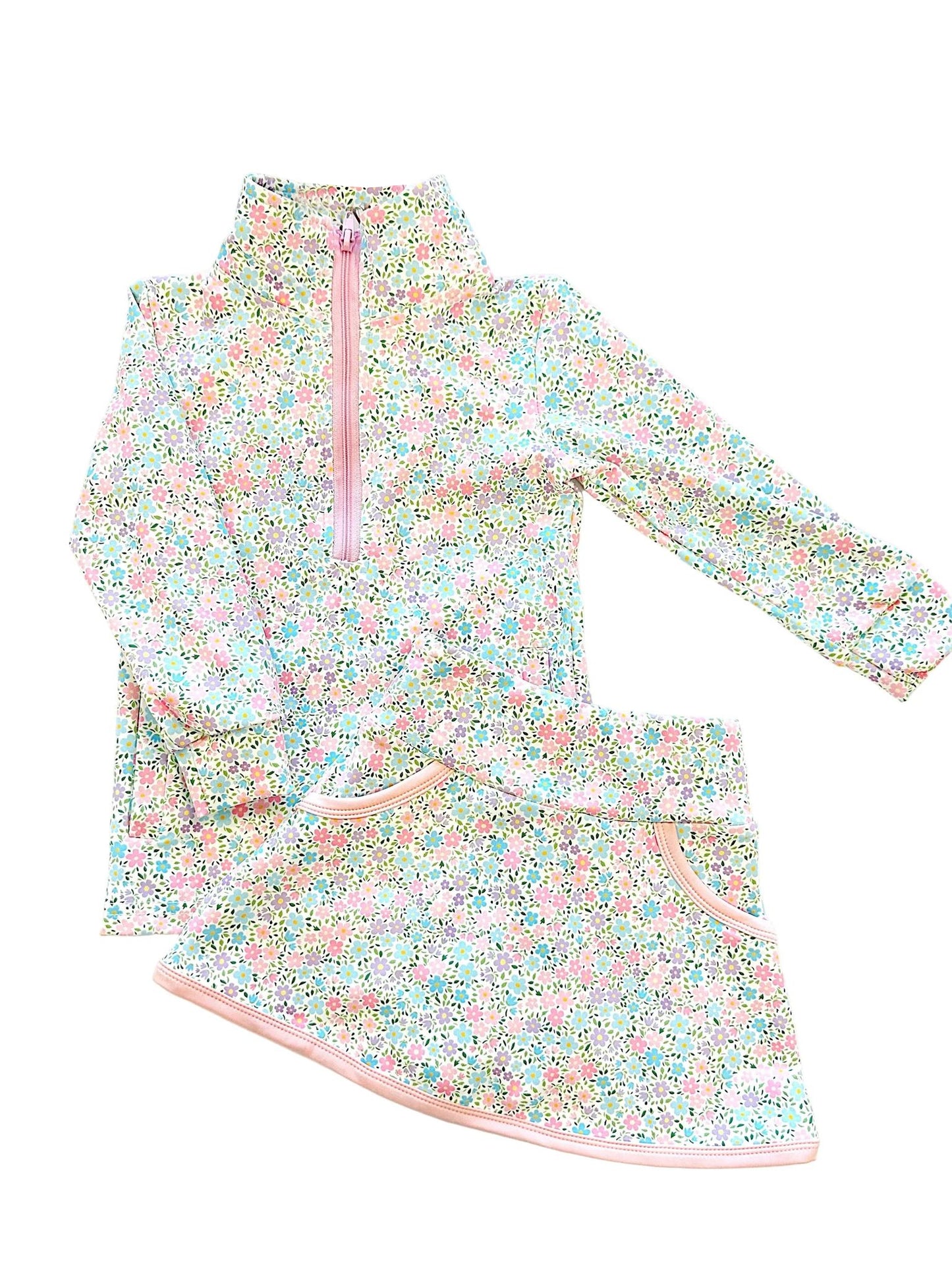 Pink blue floral design kids long sleeve top skirt outfit preorder