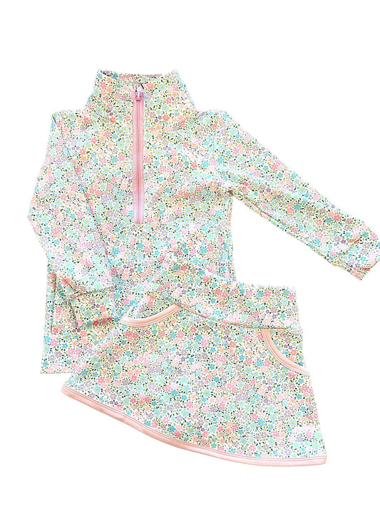 Pink blue floral design kids long sleeve top skirt outfit preorder