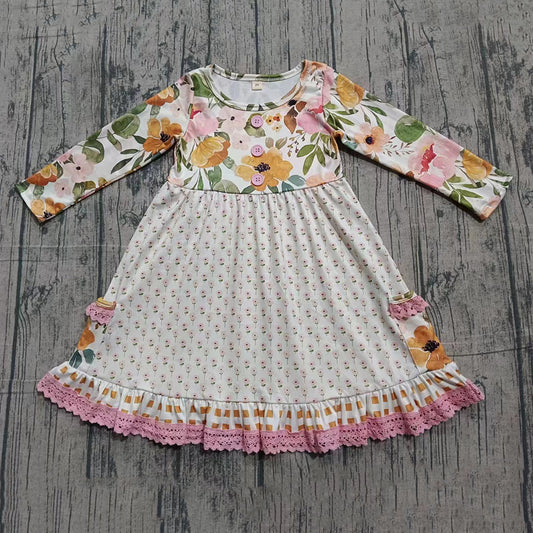 Pink flowers print girls long sleeve dress preorder
