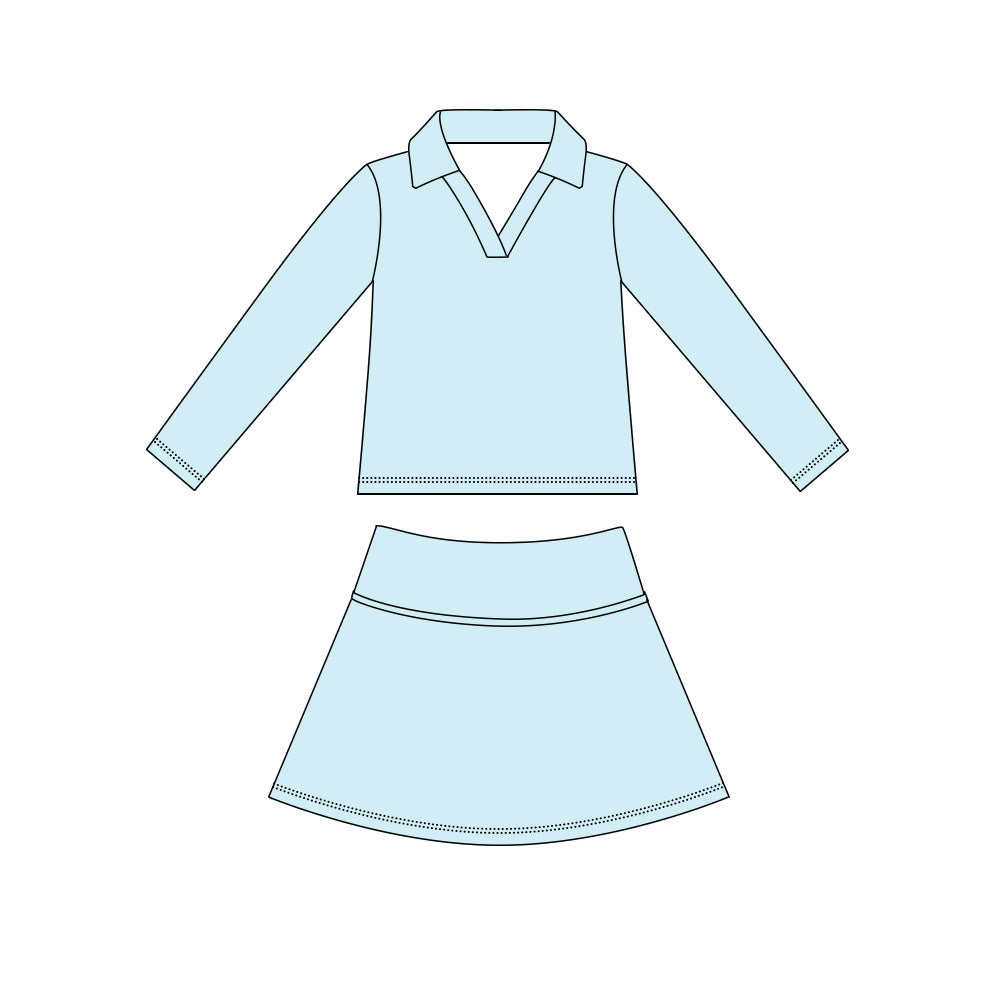Sky blue long sleeve yoga top matching skorts girls spring fall outfit preorder