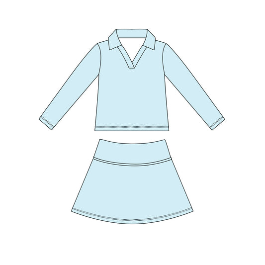 Sky blue long sleeve yoga top matching skorts girls spring fall outfit preorder