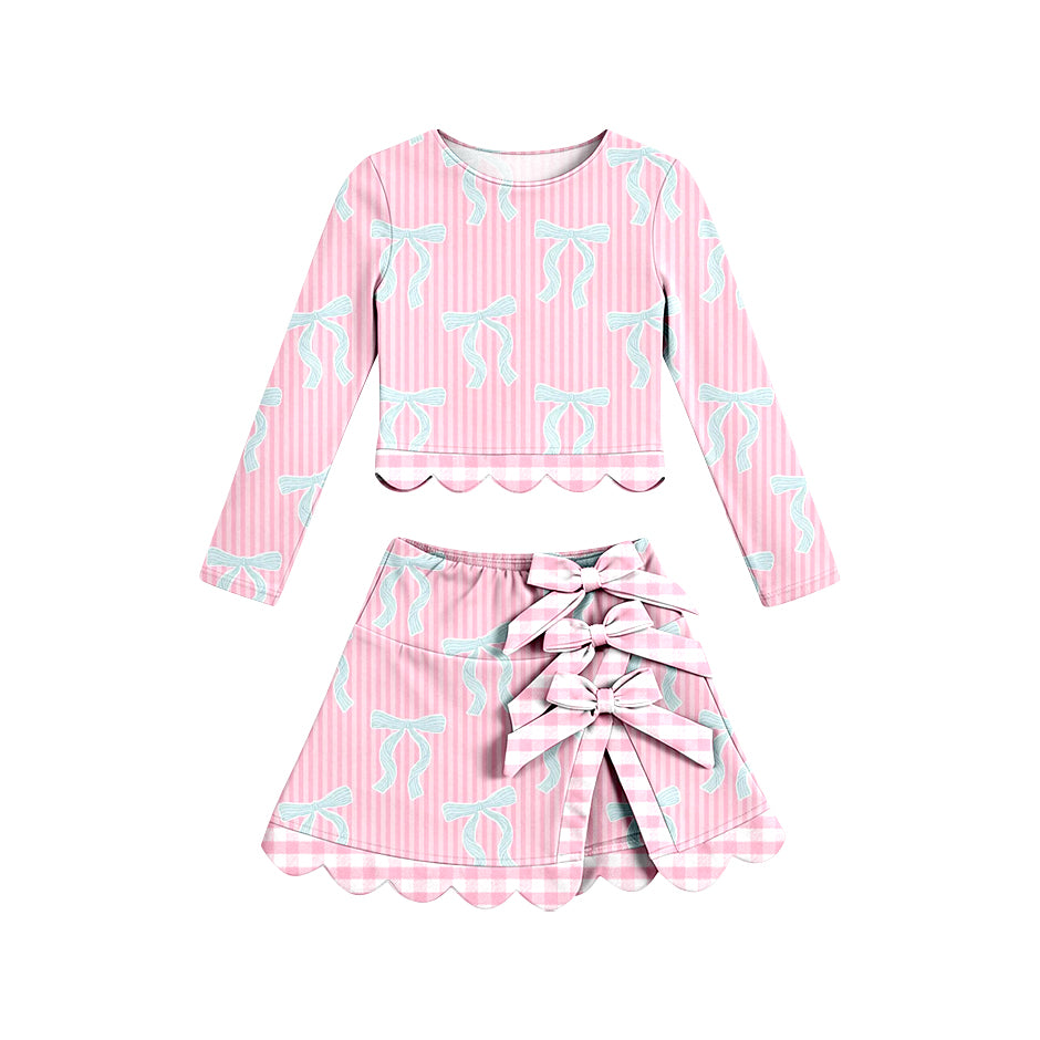 Blue bow long sleeve top matching skirts girls  yoga outfit preorder
