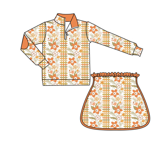 Orange flowers long sleeve pullover top matching skorts girls outfit preorder