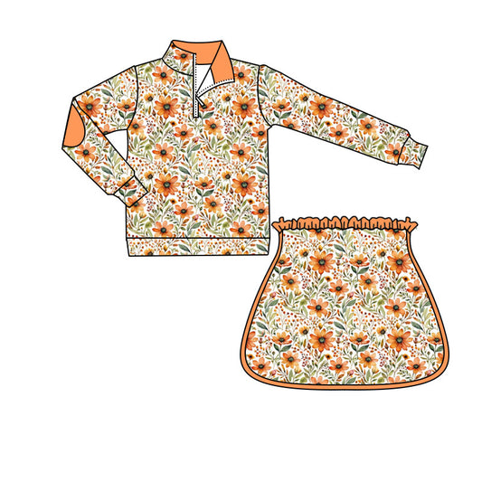 Orange flowers long sleeve pullover top matching skorts girls outfit preorder