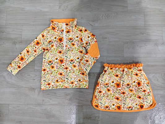Orange flowers long sleeve pullover top matching skorts girls outfit preorder