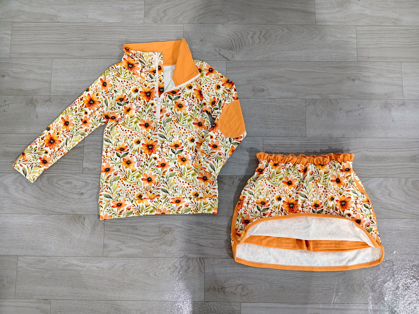 Orange flowers long sleeve pullover top matching skorts girls outfit preorder