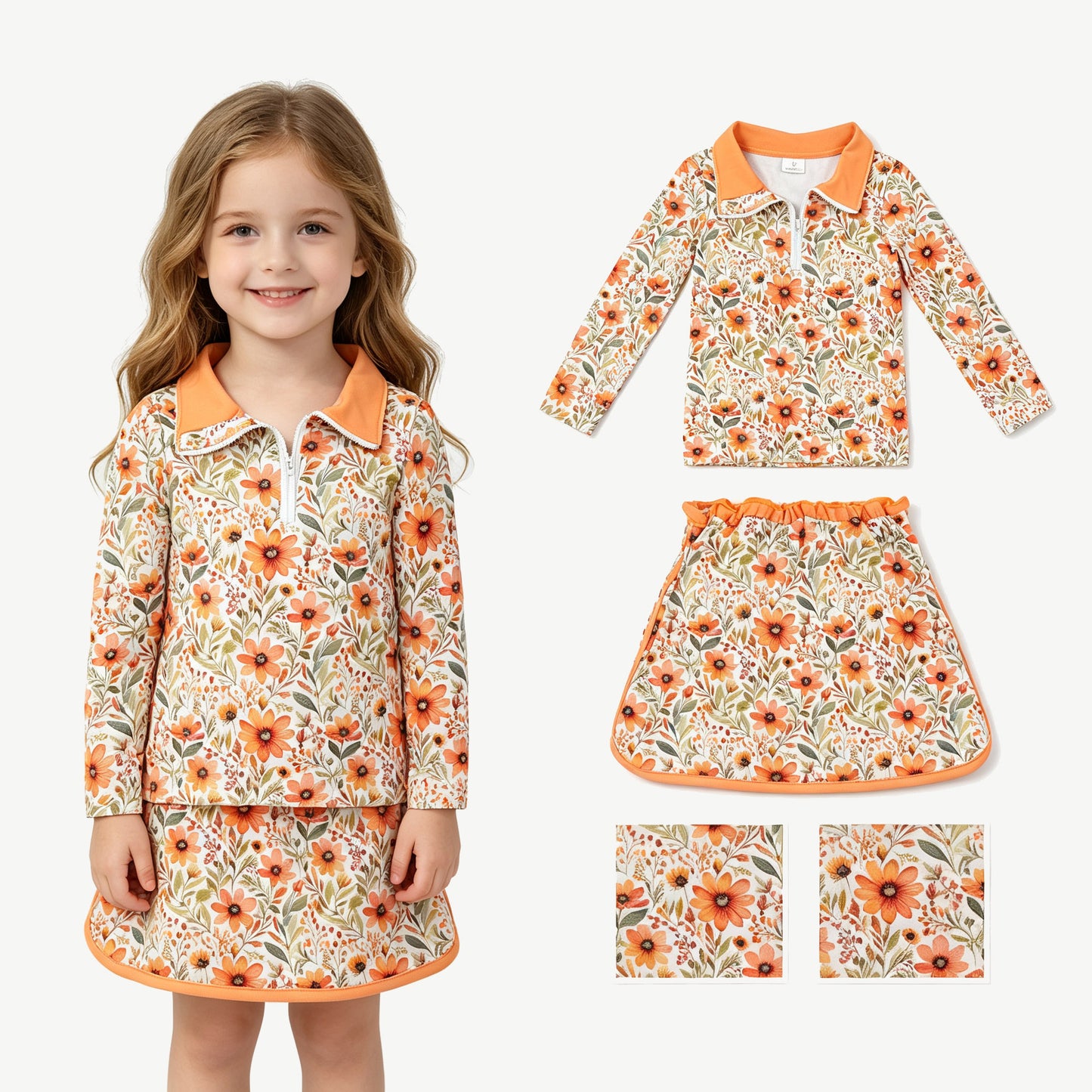 Orange flowers long sleeve pullover top matching skorts girls outfit