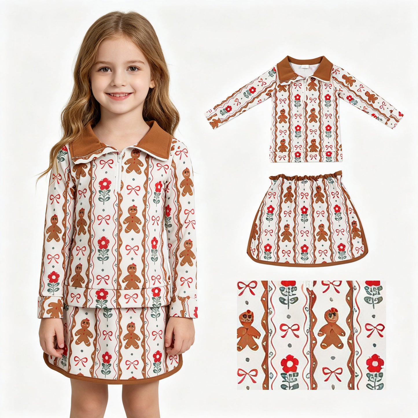 Christmas gingerbread pullover matching skort  girls long sleeve outfit