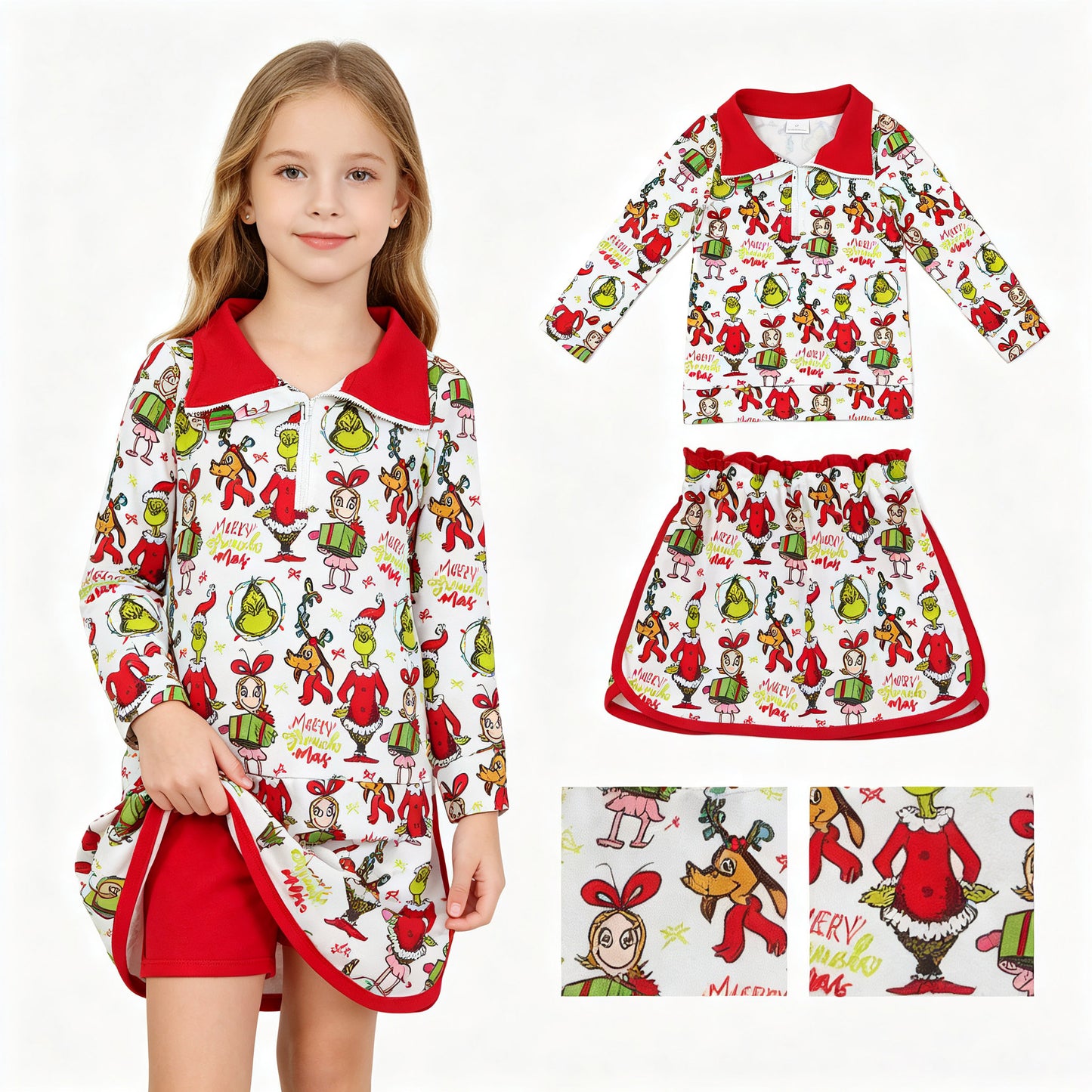 Christmas greenface pullover matching skort  girls long sleeve outfit
