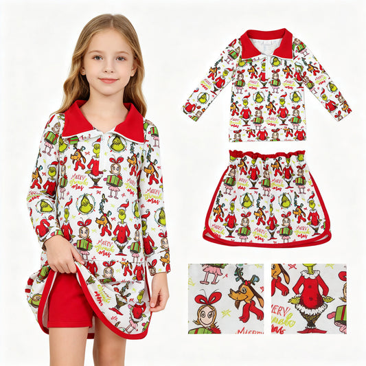 Christmas greenface pullover matching skort  girls long sleeve outfit