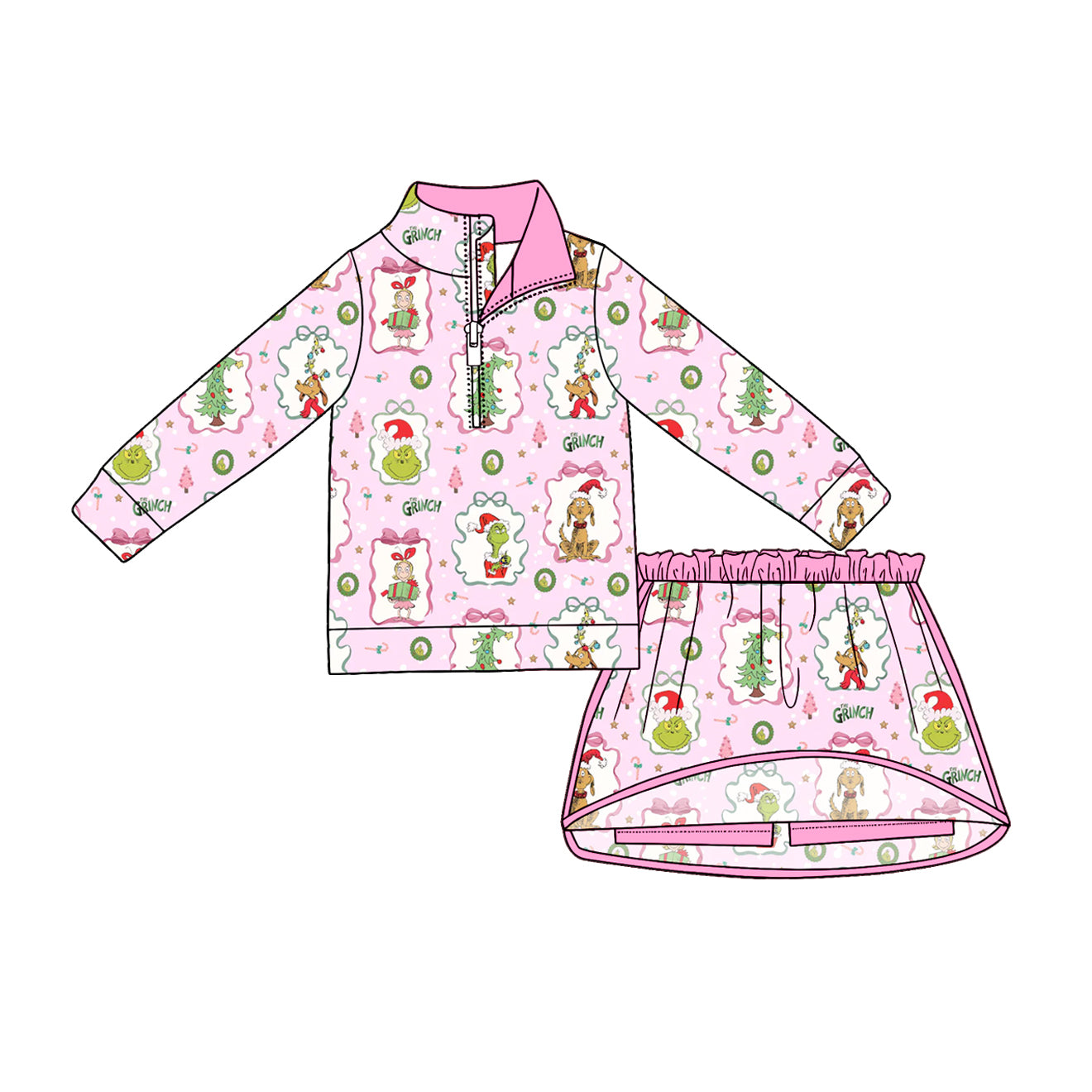 Christmas greenface pullover matching skort  girls long sleeve outfit preorder