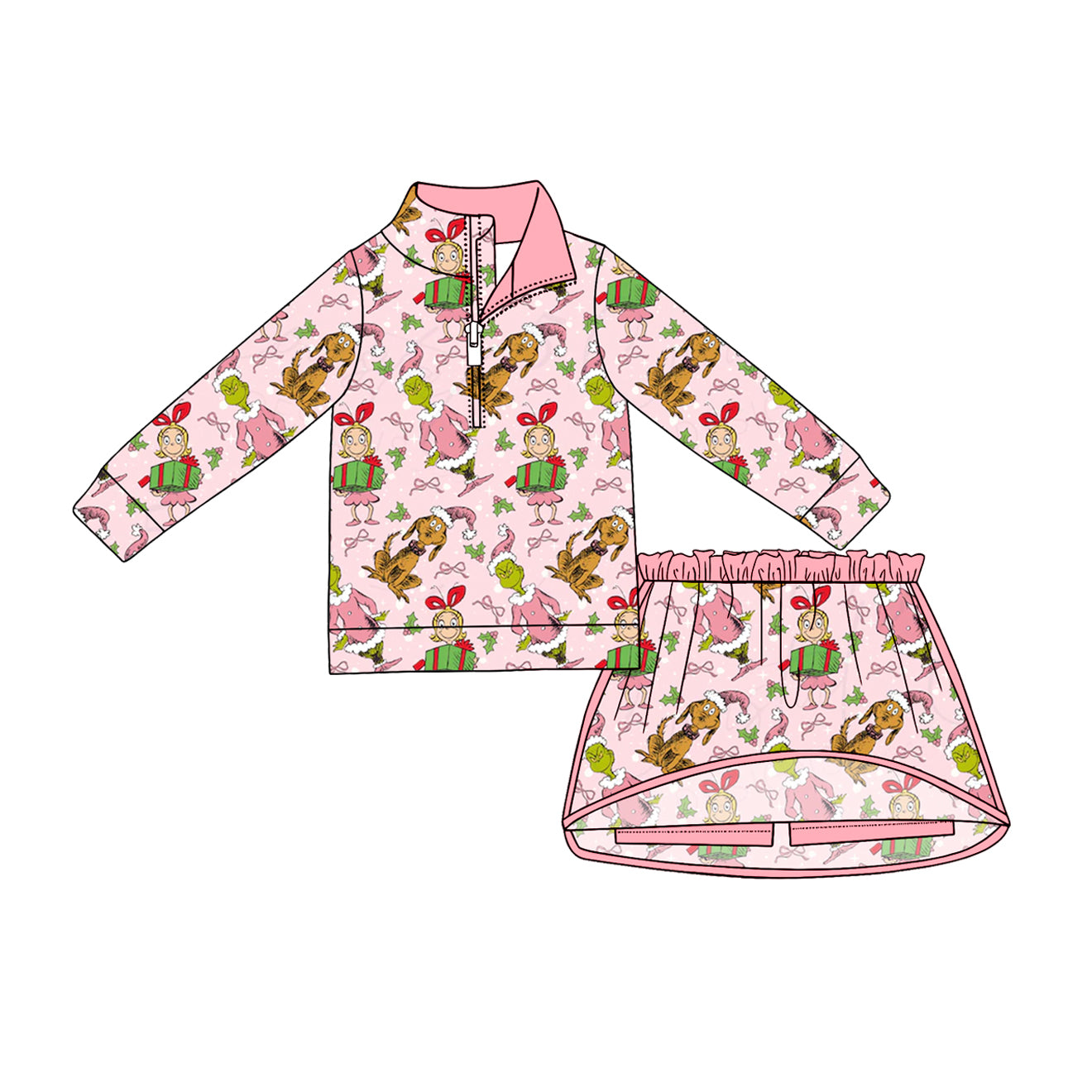 Christmas greenface pullover matching skort  girls long sleeve outfit preorder