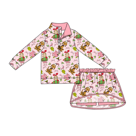 Christmas greenface pullover matching skort  girls long sleeve outfit preorder