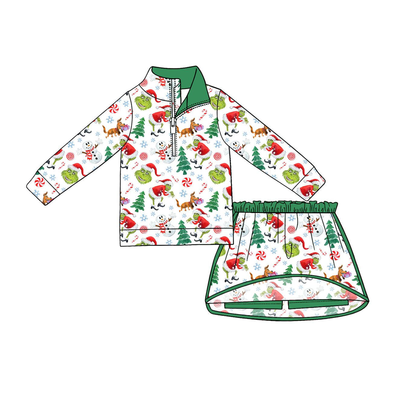 Christmas greenface pullover matching skort  girls long sleeve outfit preorder