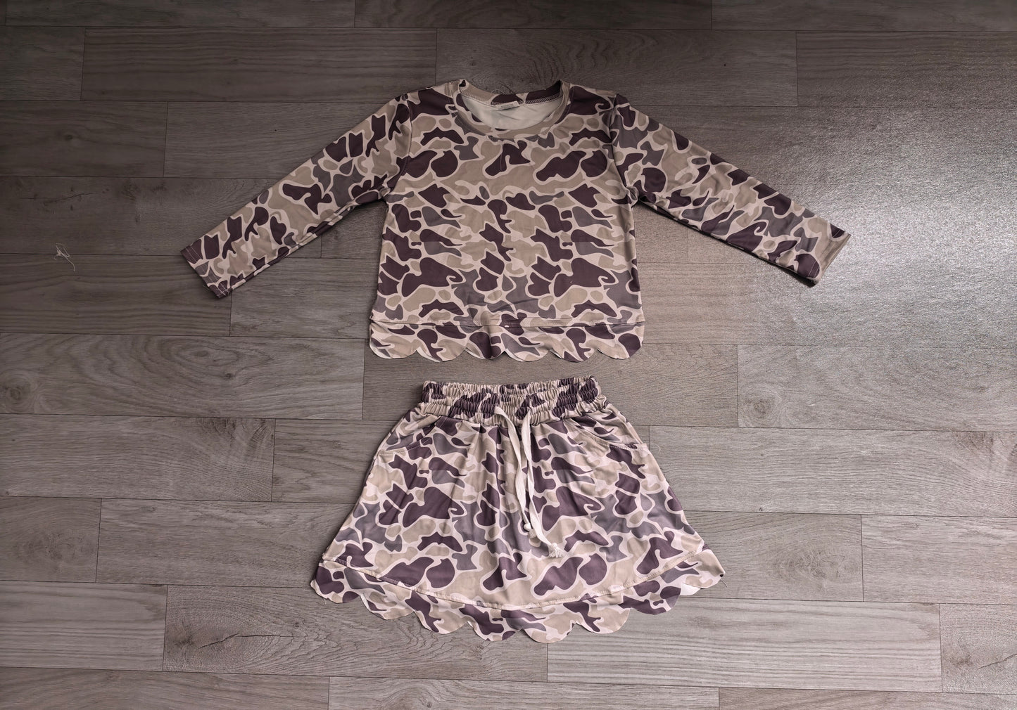 Dark grey camo top matching skorts girls summer outfit preorder
