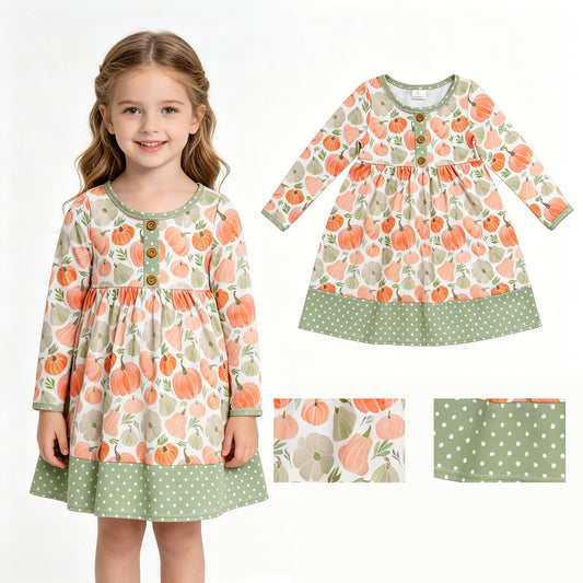 Fall pumpkins print baby girls long sleeve dress