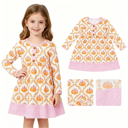 Fall pumpkins print girls long sleeve dress