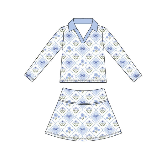 Blue flowers long sleeve yoga top matching skorts girls spring fall outfit preorder