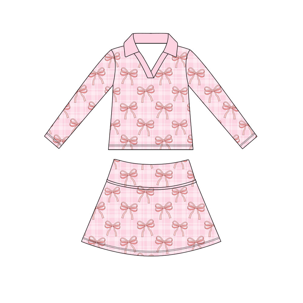 Pink bow long sleeve yoga top matching skorts girls spring fall outfit preorder