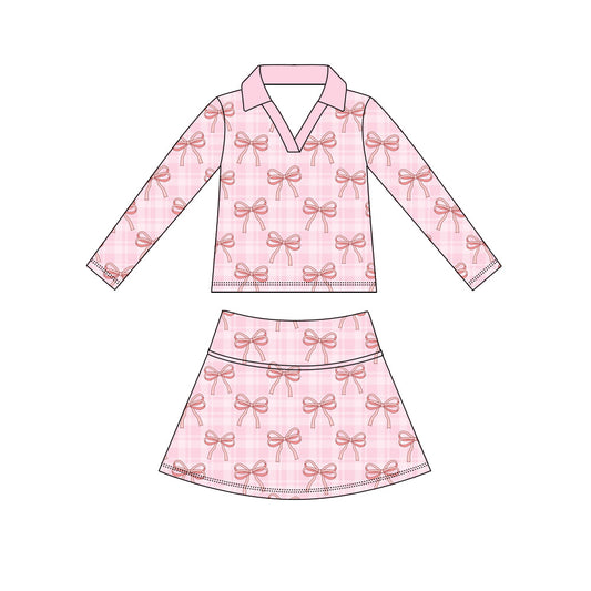Pink bow long sleeve yoga top matching skorts girls spring fall outfit preorder