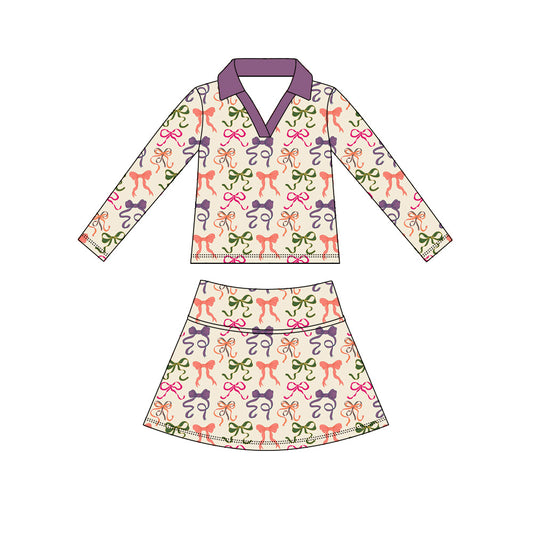 Colorful bow long sleeve yoga top matching skorts girls spring fall outfit preorder