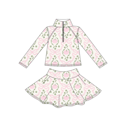 Pink pumpkin bow long sleeve pullover top matching skorts girls outfit preorder