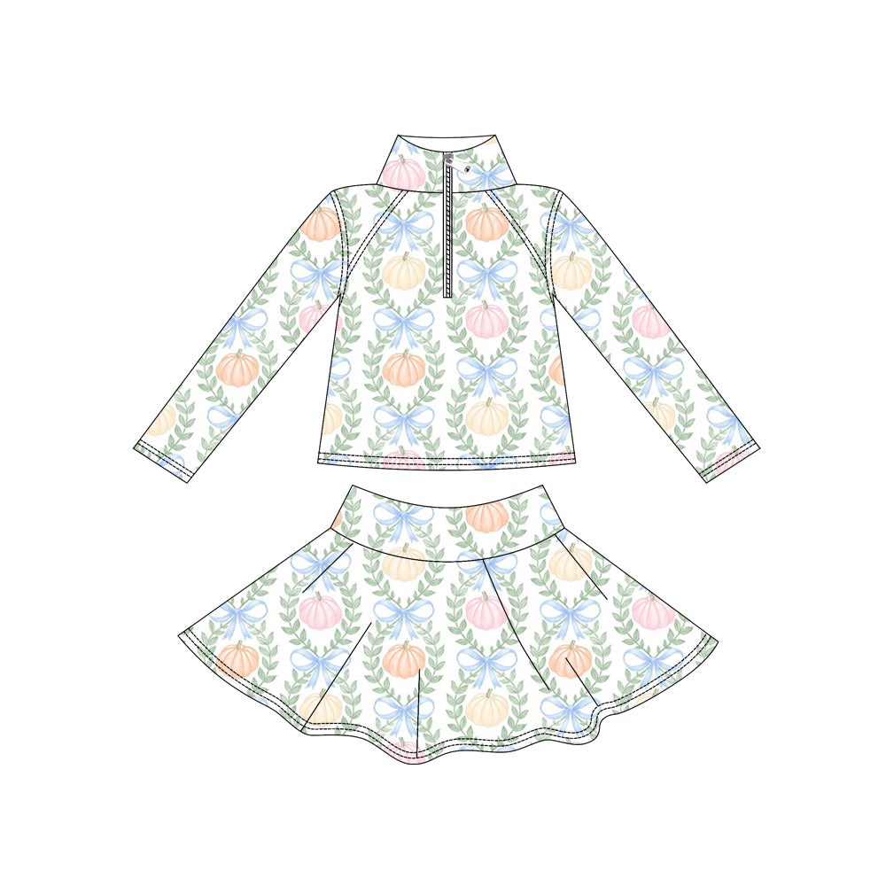 Fall pumpkin long sleeve pullover yoga top matching skorts girls outfit preorder