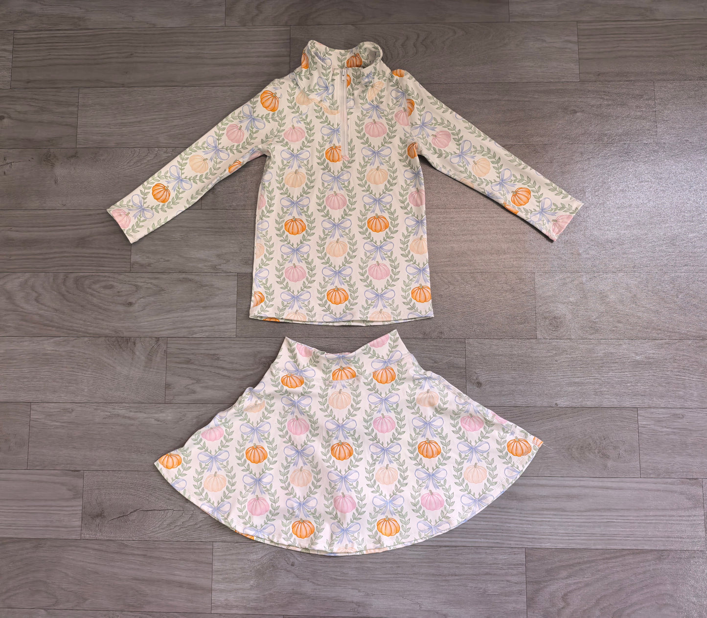 Fall pumpkin long sleeve pullover yoga top matching skorts girls outfit preorder