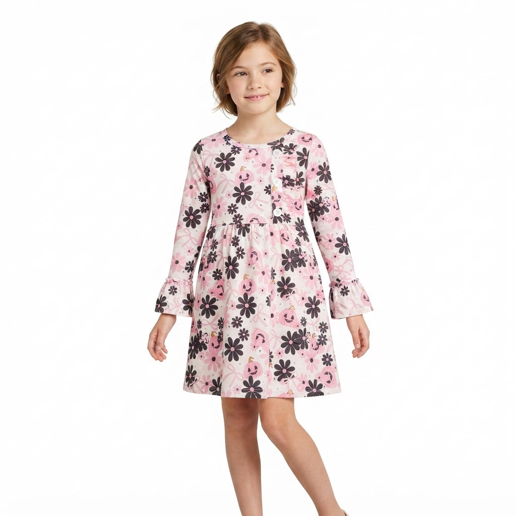 Halloween pumpkins print girls long sleeve dress