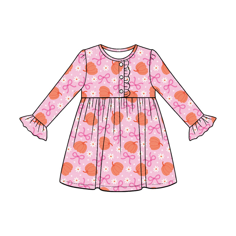 Fall pumpkins pink bow print girls long sleeve dress preorder