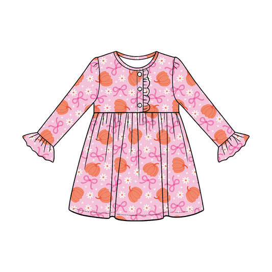 Fall pumpkins pink bow print girls long sleeve dress preorder