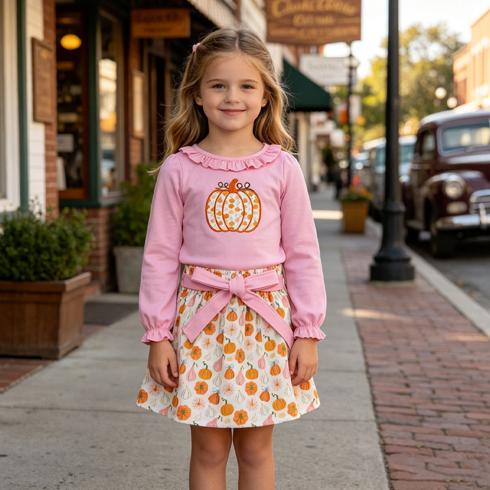 Embroidery Floral pumpkin long sleeve top matching skirt girls outfit