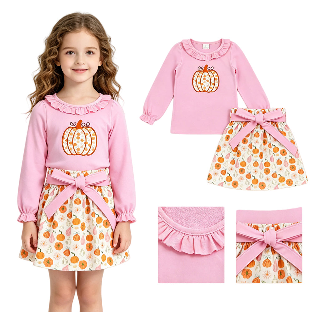 Embroidery Floral pumpkin long sleeve top matching skirt girls outfit