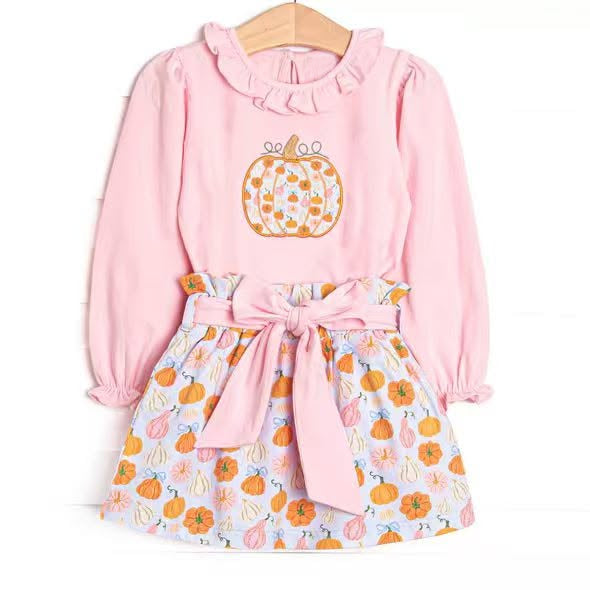 Floral pumpkin long sleeve top matching skirt girls outfit preorder