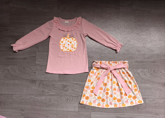 Embroidery Floral pumpkin long sleeve top matching skirt girls outfit preorder