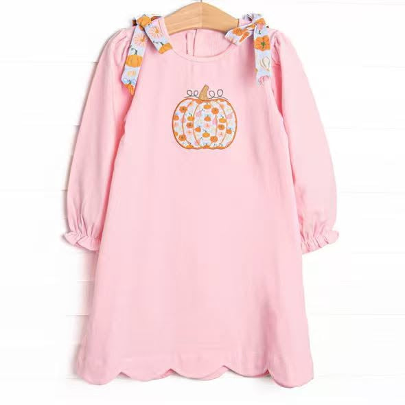 Fall pumpkin print girls long sleeve pink dress preorder