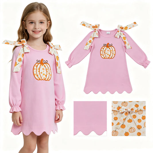Embroidery Fall pumpkin print girls long sleeve pink dress