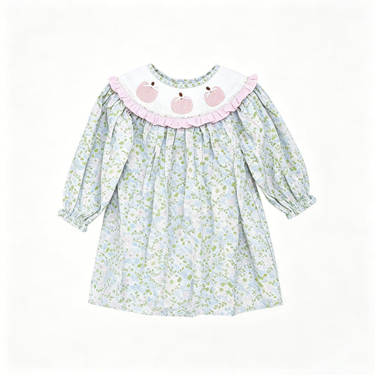 Fall pink pumpkin blue floral print girls long sleeve dress preorder