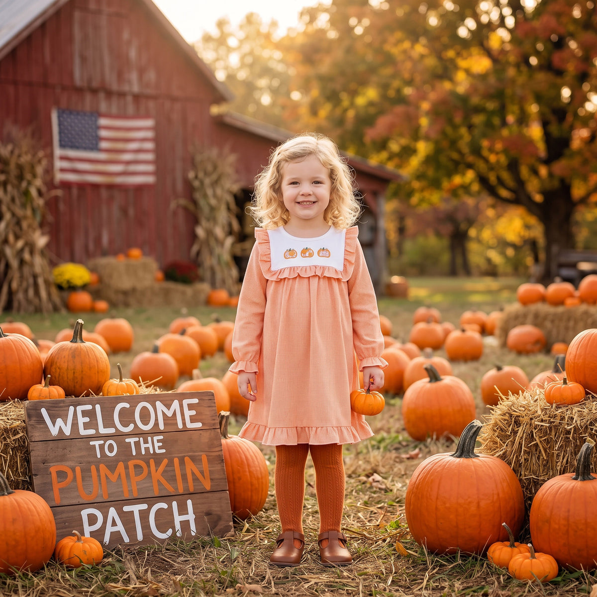 Floral pumpkin girls long sleeve fall winter embroidery dress