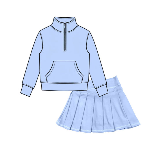 Sky blue long sleeve yoga pullover top matching skorts girls outfit preorder