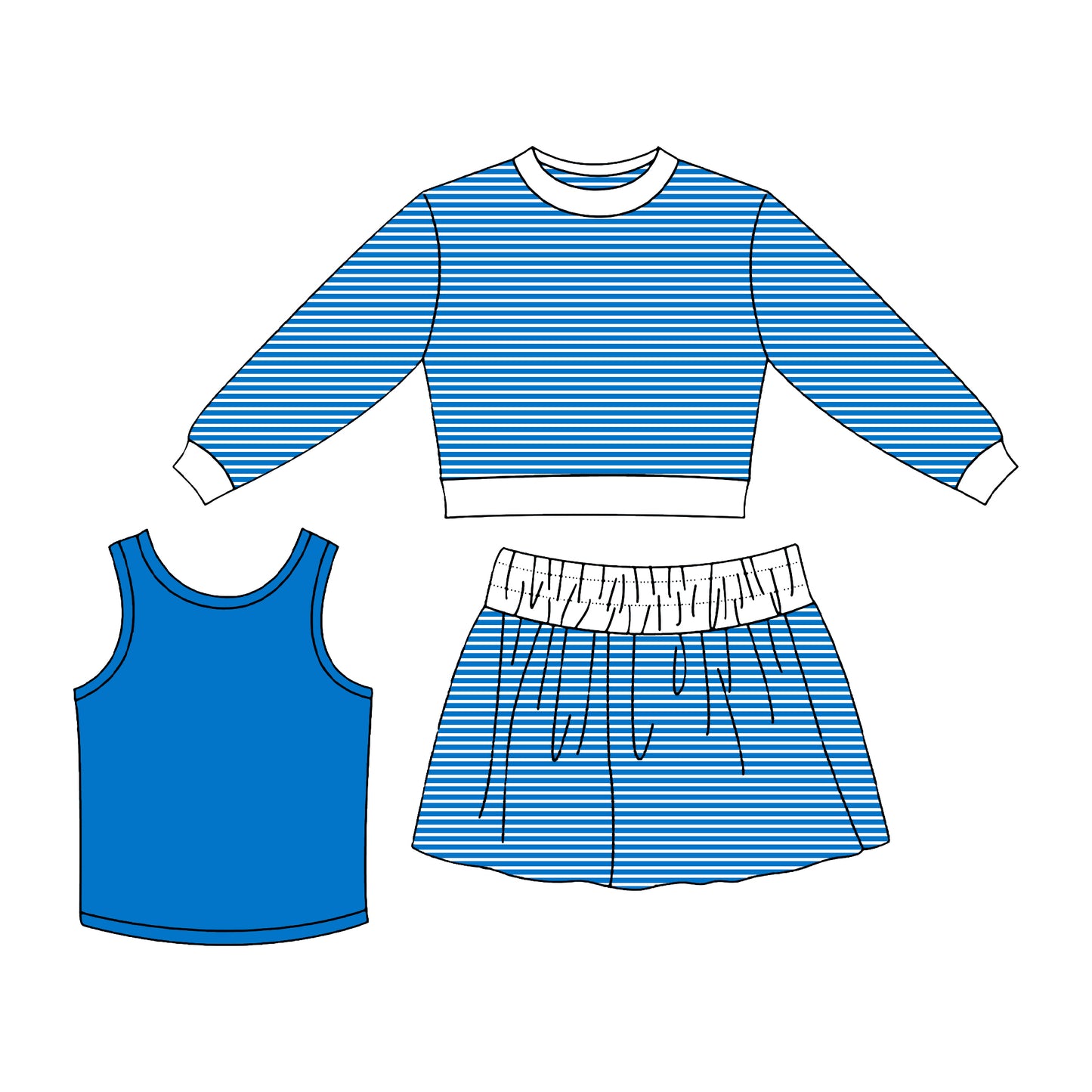 Blue long sleeve yoga top matching skirt tank top 3pcs wholesale girls clothing set preorder