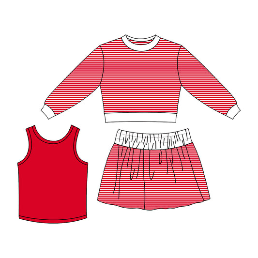 Red long sleeve yoga top matching skirt tank top 3pcs wholesale girls clothing set preorder